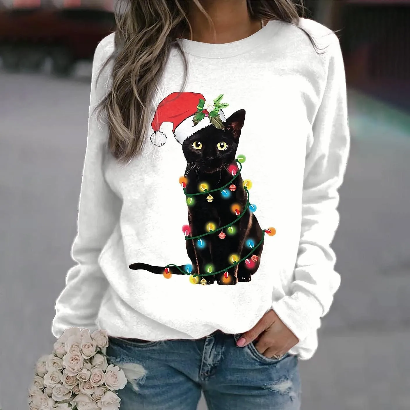 2024 TIKI Explosive Christmas Digital Print Crew Neck Women\'s 3D Santa Claus Crew Neck Sweatshirt Girls Sweatshirt Unisex Women\'