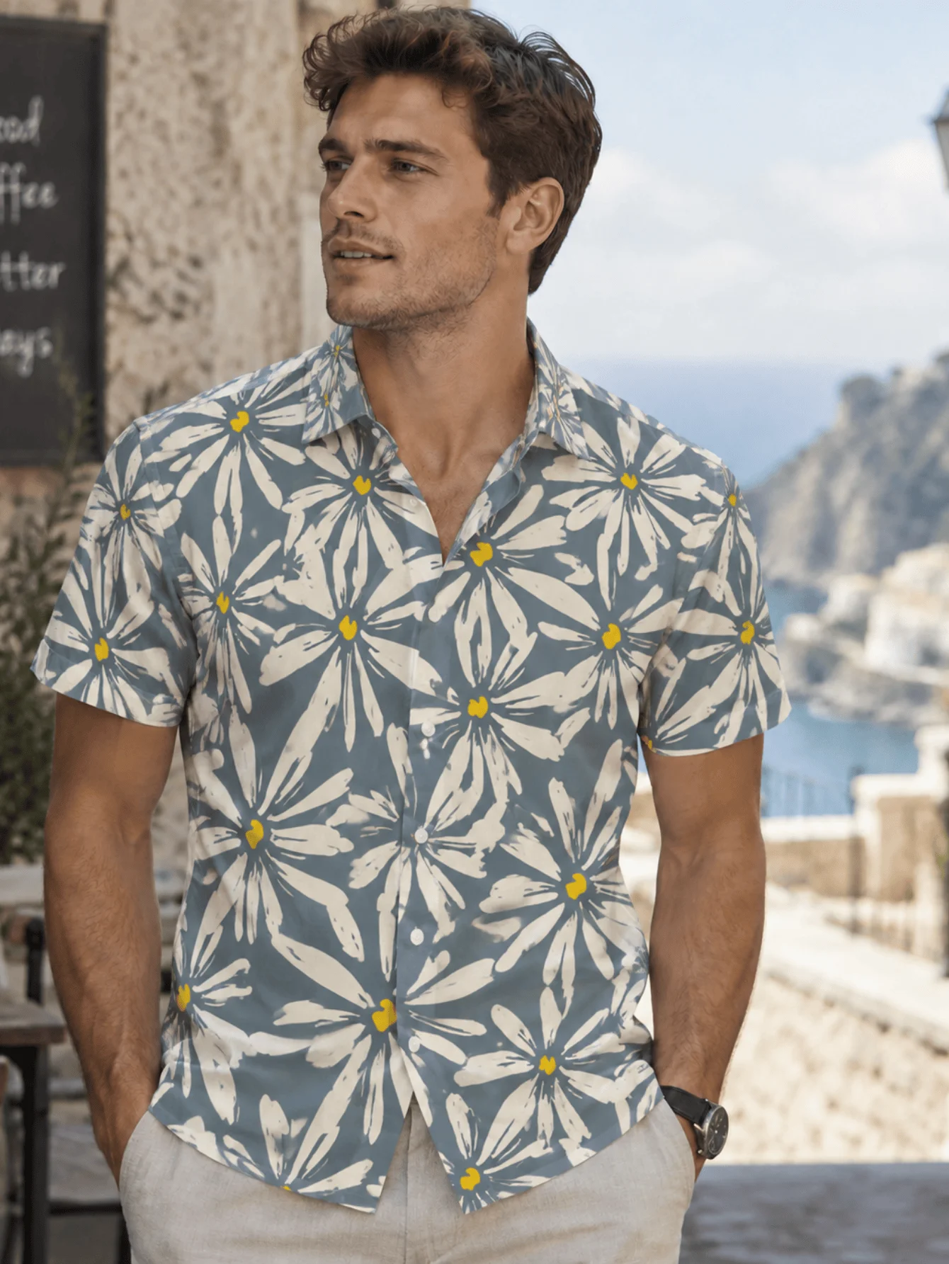 Mens short sleeve shirt artistic floral random print white daisy soft gray blue regular fit comfy fabric travel party daily wear