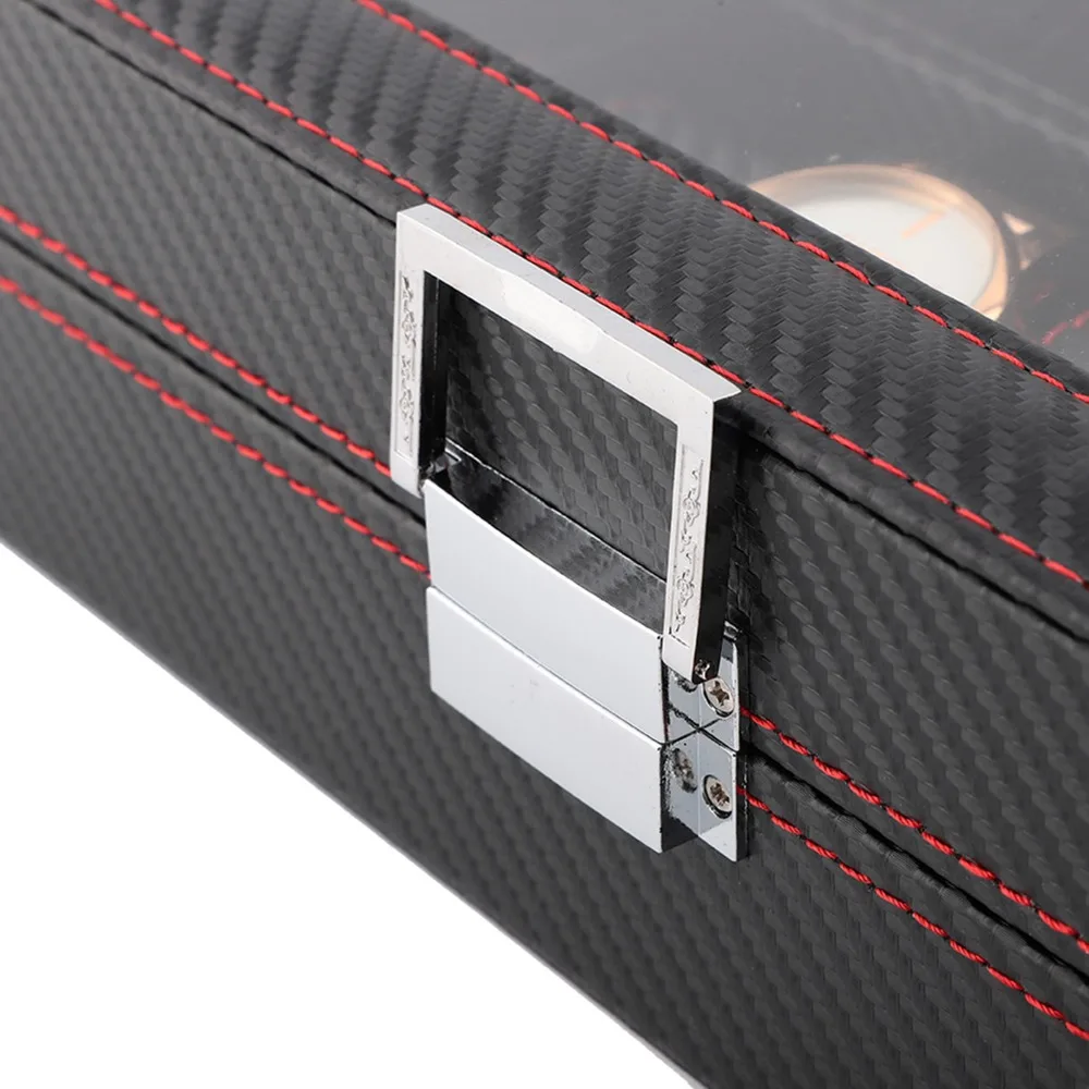 Dustproof Carbon Fiber Watch Box 6 Slots Transparent Window Watch Case Red Line Luxury Watch Storage Collection Use