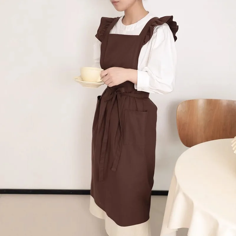 Pure Waterproof Cotton Ruffled Kitchen Apron New Stain-resistant Women\'s Cooking Baking Pleated Gardening Pinafore with Pockets