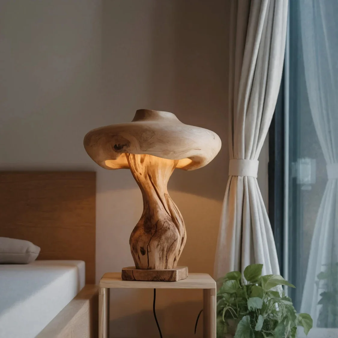 ！@Plant Shape Wood Craft Lamp Natural Log Texture Handcarved Lighting H60cm Modern for Home Decor