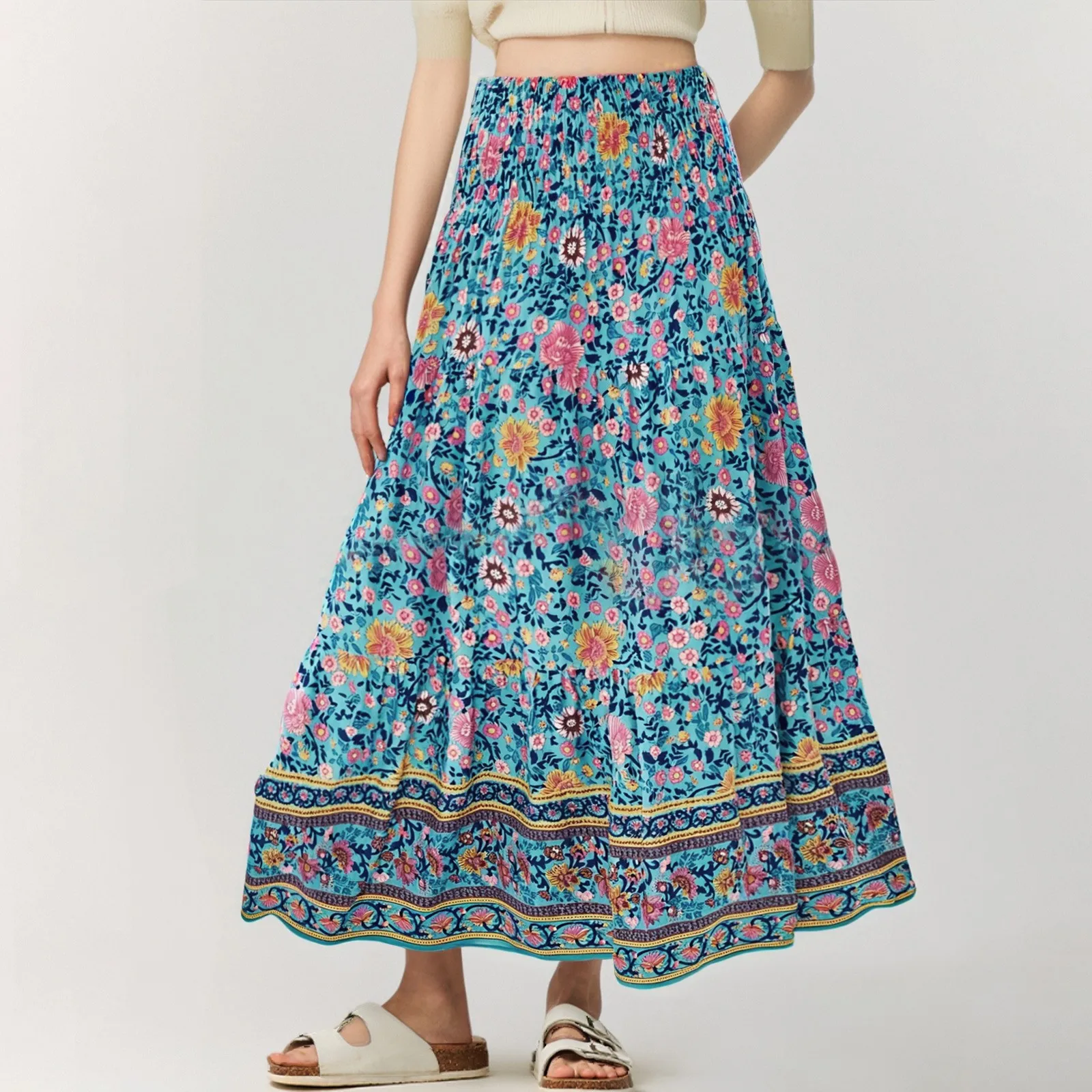 Women Chiffon Skirts High Waist Korean Harajuku Dress Elegant All-Match Long Skirts Women Casual Floral Printed Ropas De Mujeres