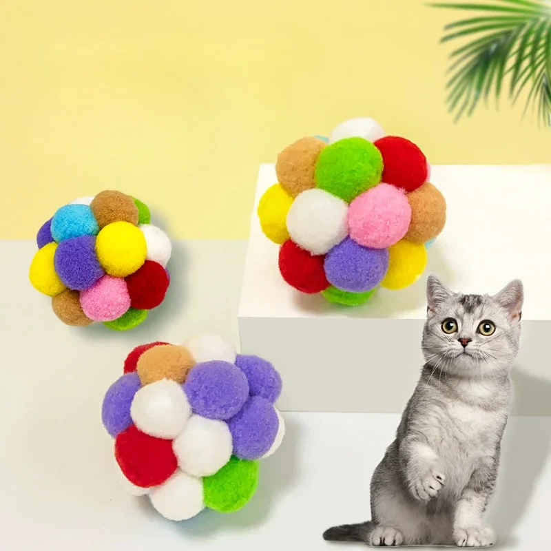 Cat Toys Cat Plush Ball Toy Pet Elastic Bell Ball Self Hi Ball Playing Cat Colorful Woolen Balls Interactive Plush Toy