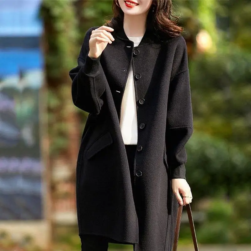 Women Black Wool Coat 2025 Autumn New Stylish Mid Length Slim Fit Casual Versatile Tweed Outerwear