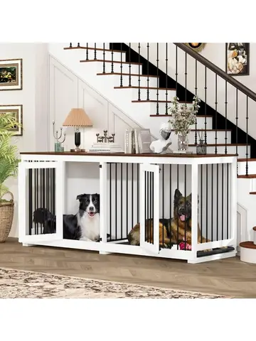 Large Wooden Dog Crate Furniture with Divider and Two Trays for Large or Dual Medium Breeds Indoor, White