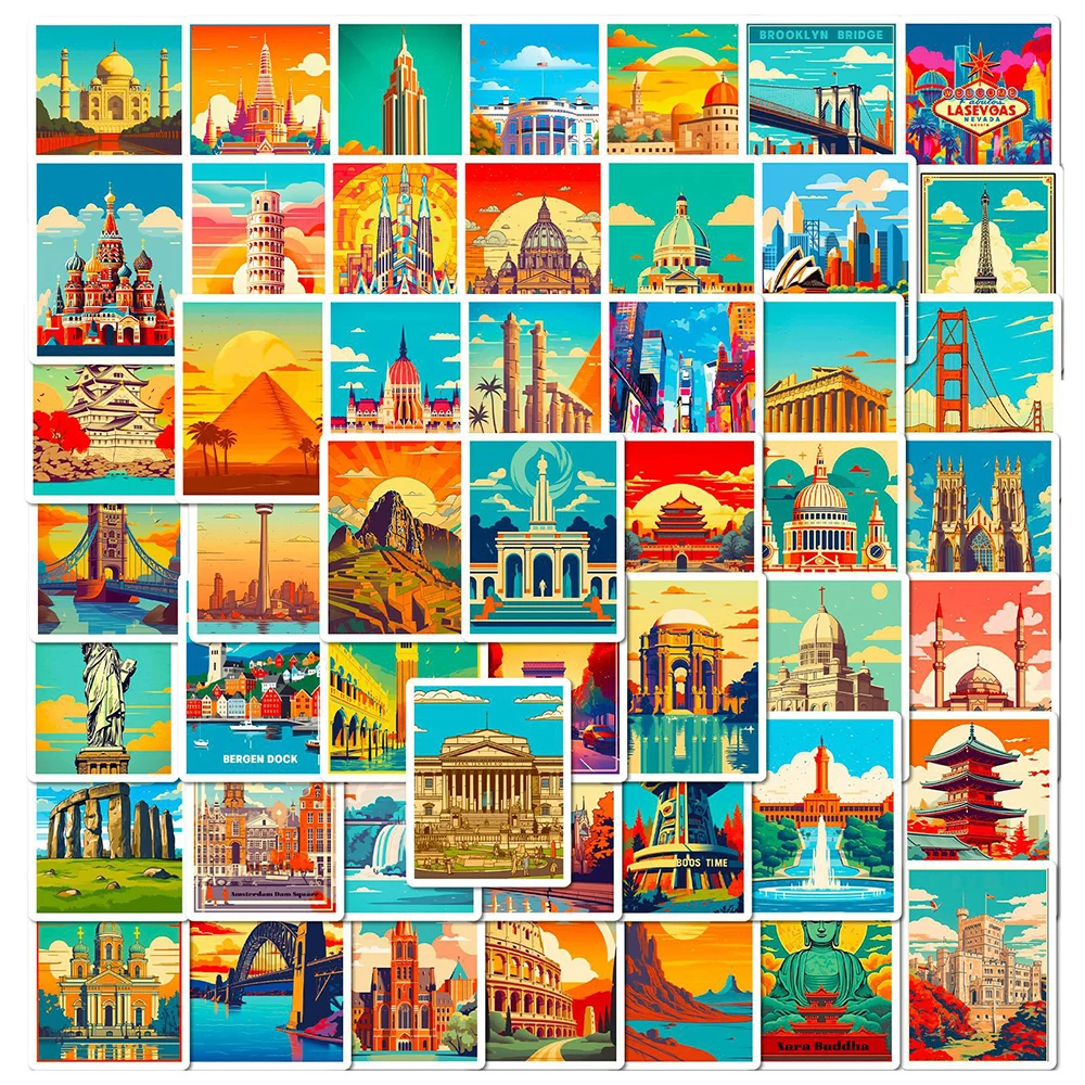 10/30/50pcs Cartoon World Famous Buildings Stickers Aesthetic City Landmark Decals Laptop Notebook Decoration Sticker Kids Toy