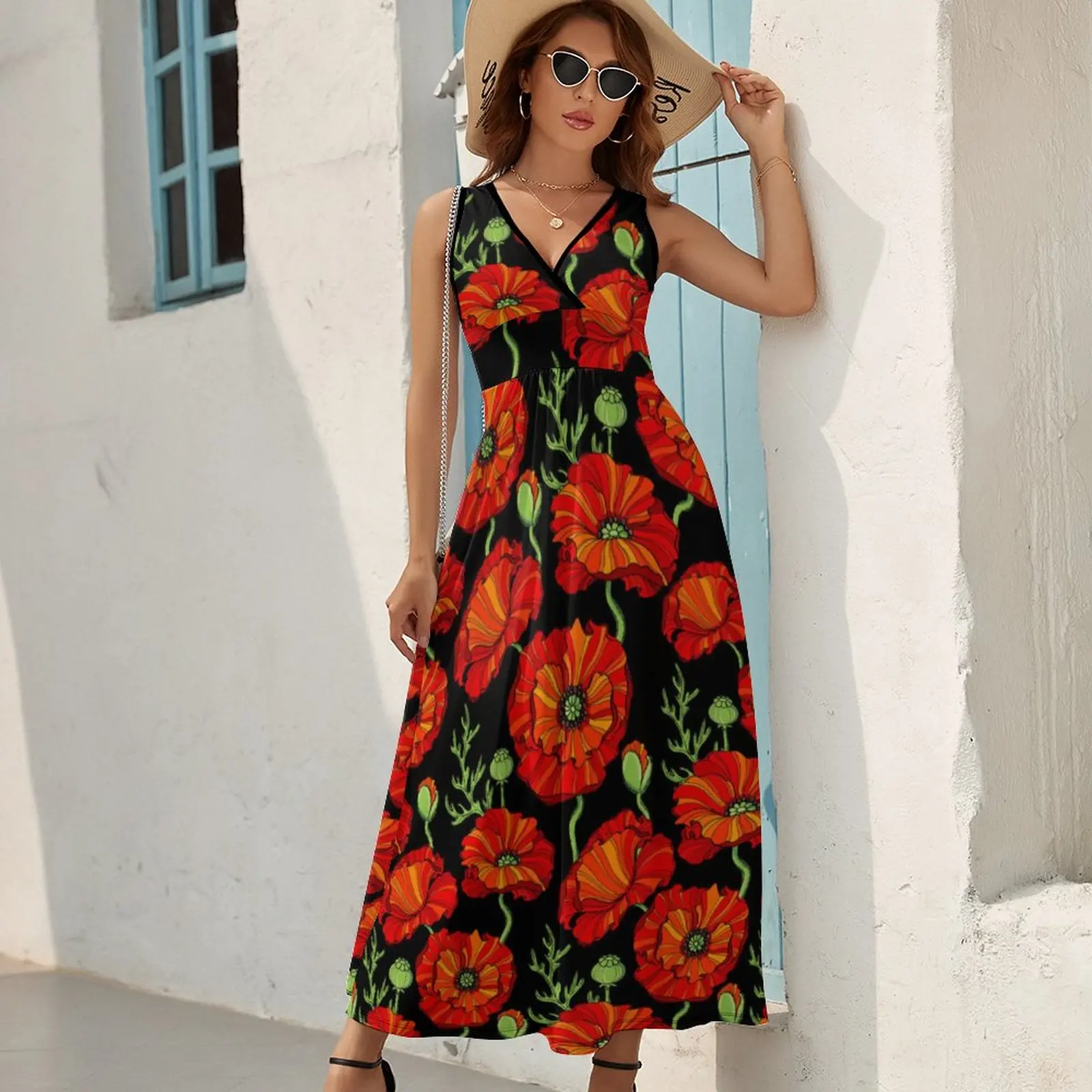 Red Poppy Flowers Dress Aesthetic Bohemia Long Dresses Female Party Printed Maxi Dress Birthday Present