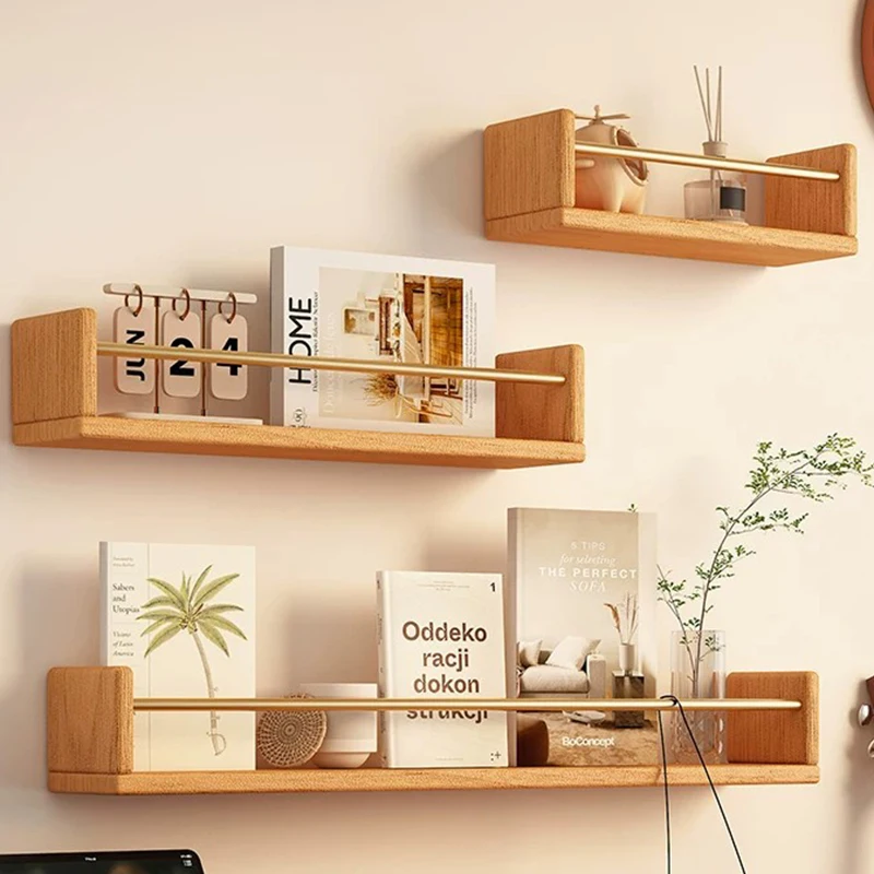 Solid Wood Wall Storage Shelf Set Wall Mounted Living Room Bookshelf Figure Vase Frame Showcase Rack DIY Wall Decorative Stand