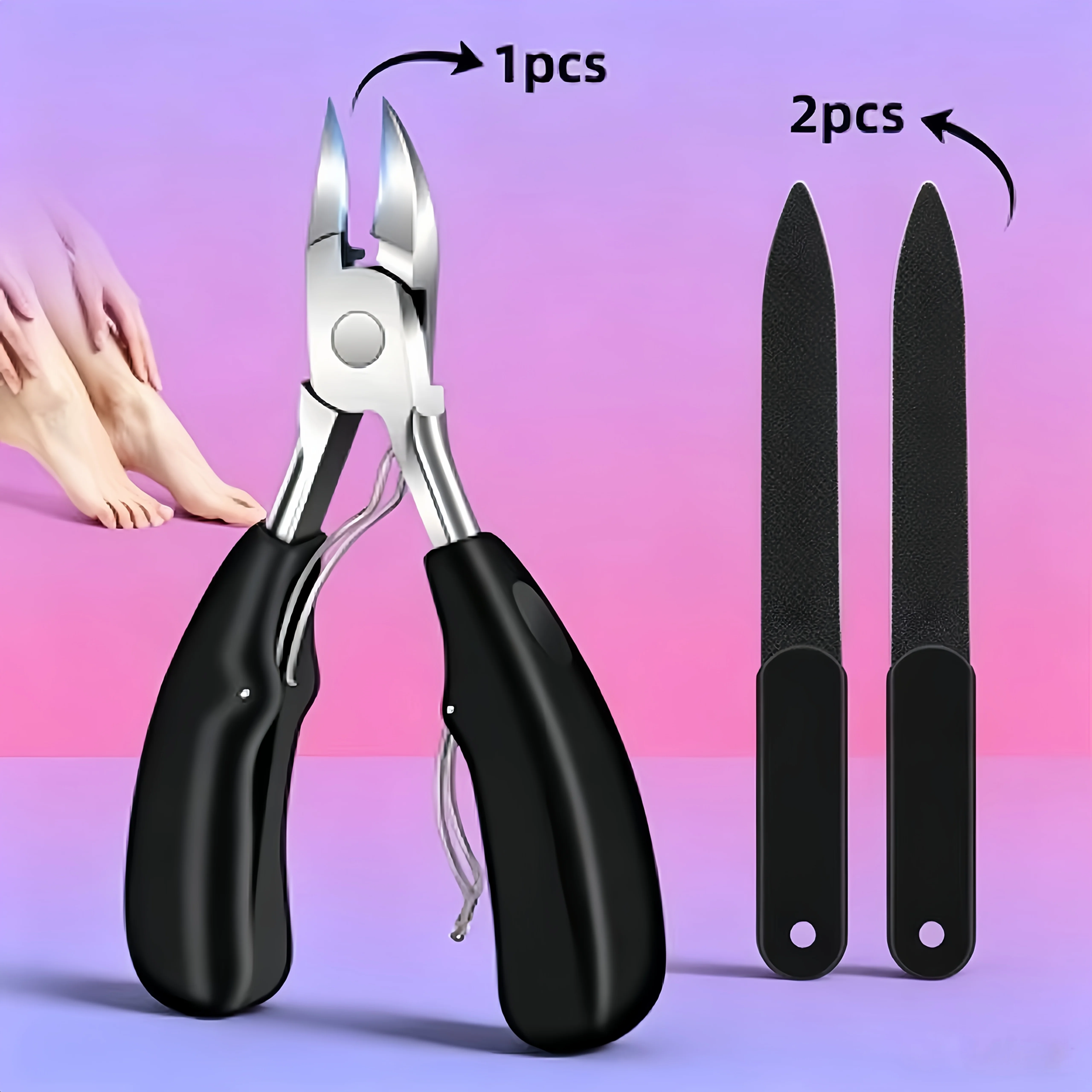 

stainless steel nail clippers are suitable for thick nails and internal toenails with ergonomic black handles and nail files