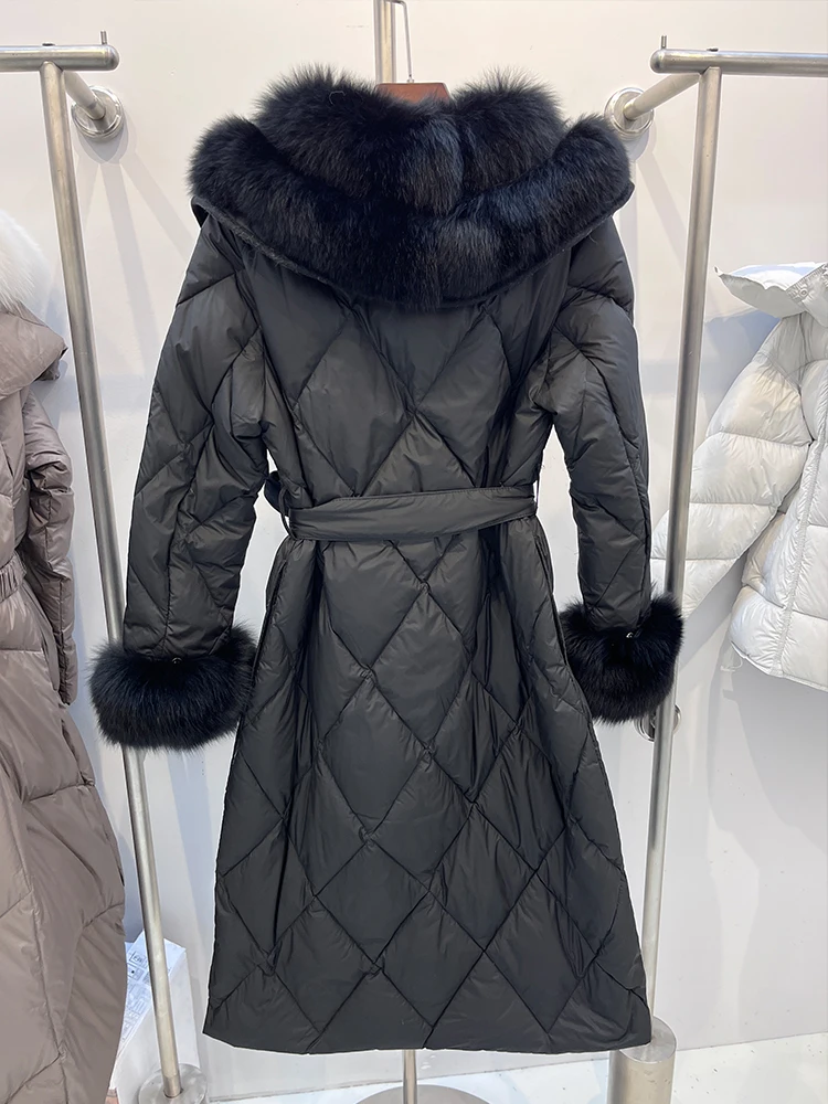 New Fashion Winter Women Long Goose Down Jacket Natural Real Big Fox Fur Collar Thick Warm Belt Parka Coat Luxury Fur Coat