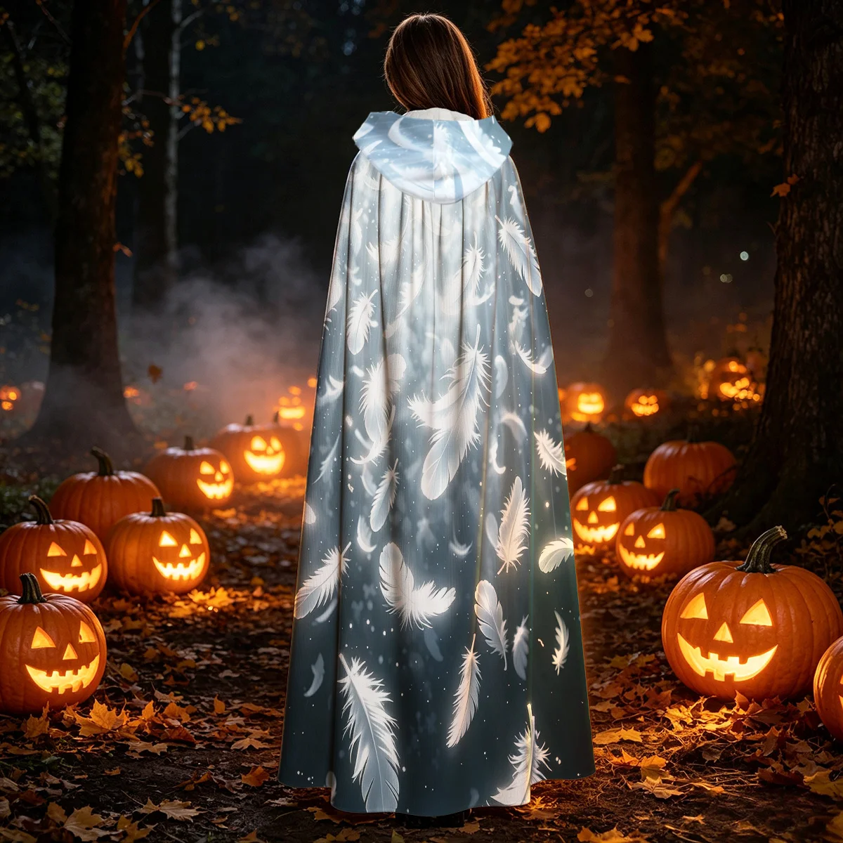 1pc Hooded Long Cloak, Glowing Floating White Feather with Beam Light Dark Space Elegant Pattern Cosplay Cape, Halloween