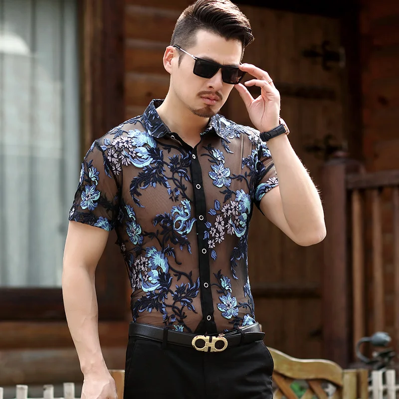 

Embroidery Floral Silk Blends Premium Shirts For Men Short Sleeve Summer Transparent Hollow Breathable Quality Camisas De Hombre