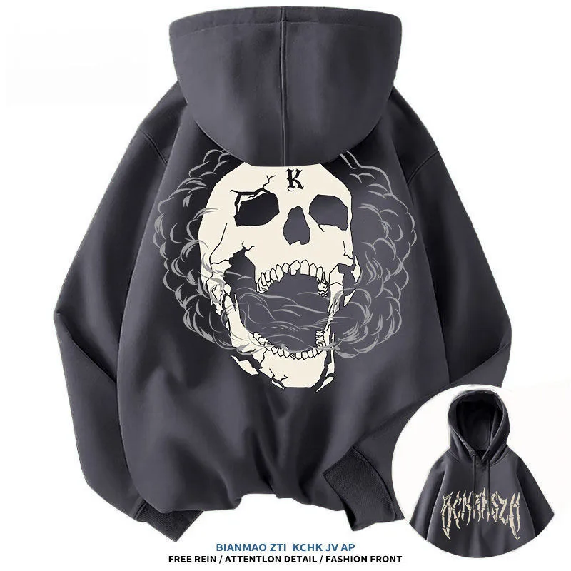 

American Street Trendy Brand Skull Element Printed Fashion Trend Hoodie High Street Men Casual Loose Hoodie With Y2K Streetwear