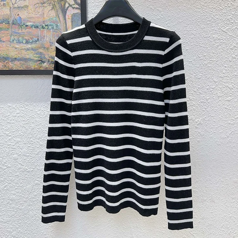 

High quality Black and white striped embroidered logo women's pullover sweater slim fit and slimming 25122698