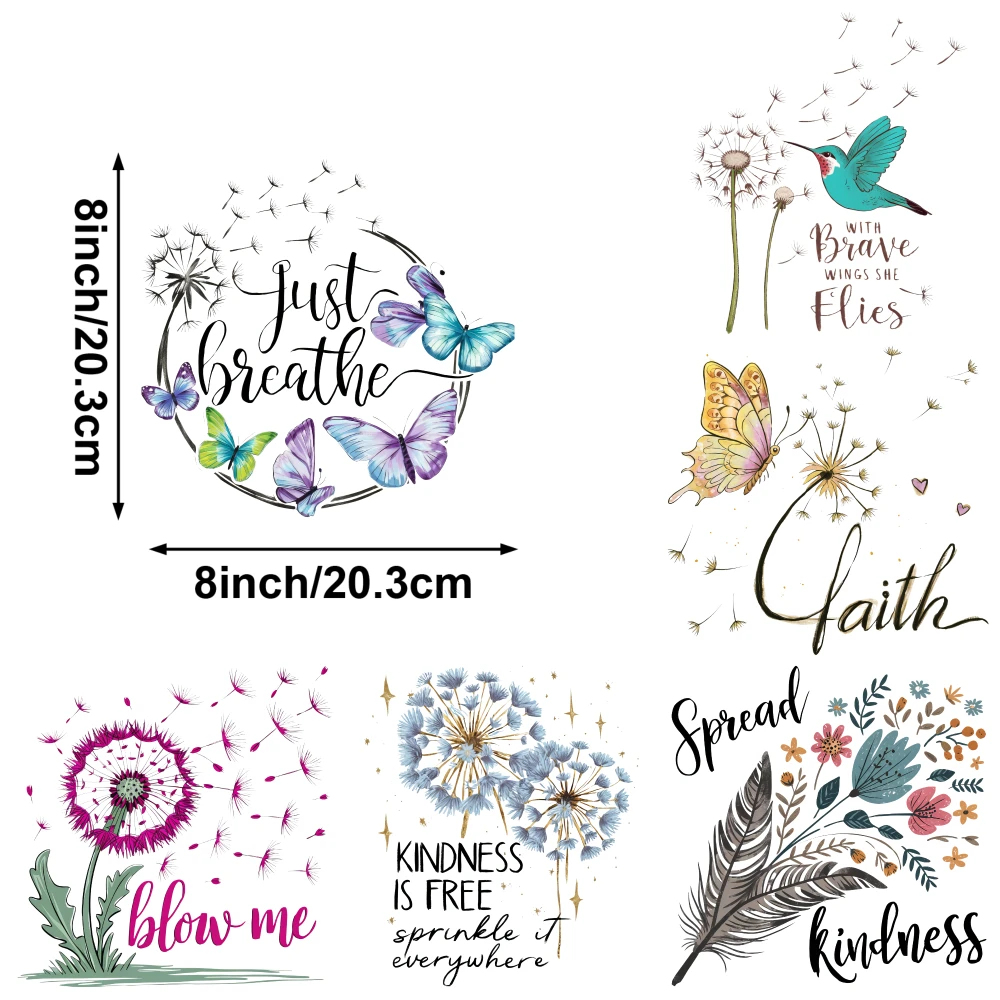6 Pcs Dandelion Hummingbird Iron on Transfers Iron On Transfer Patches Press Washable Stickers DTF Transfers Ready iron on