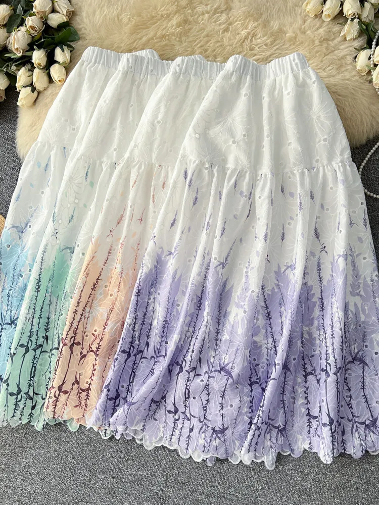 

New Spring Ombre Gradient Purple A-line Skirt Women Elastic High Waist Flared Midi Skirt Trendy Casual Office Commut Half Skirt
