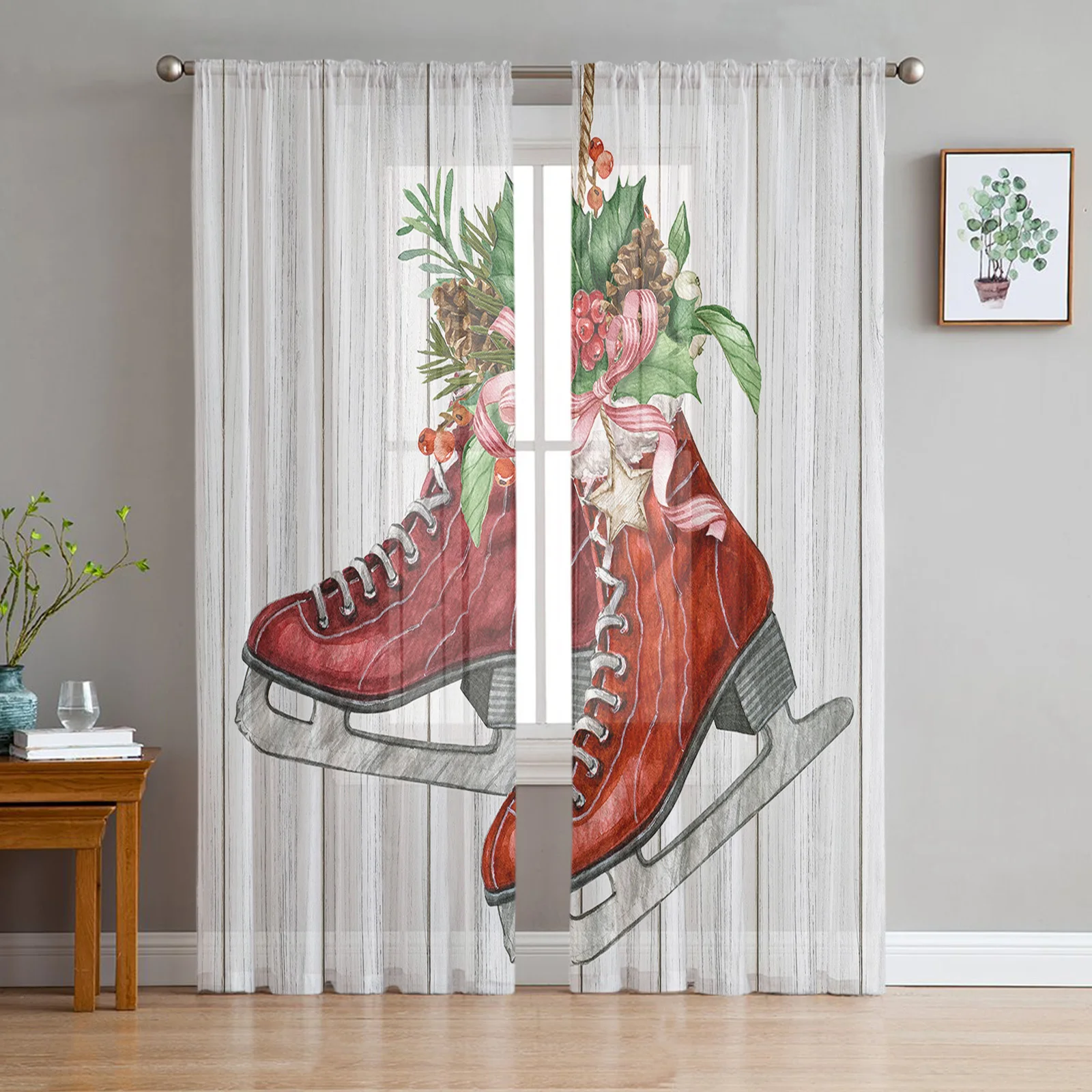 Christmas Pine Needles Skates Wood Grain Tulle Curtains for Living Room Sheer Curtain Bedroom Christmas Blinds Voile Curtains