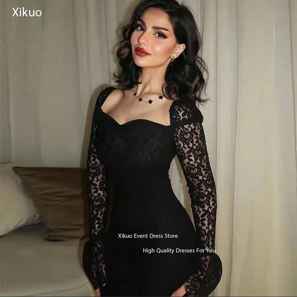 

Xikuo Square Neck Mermaid Evening Dresses Bodycon Illusion Black Lace Prom Gowns Appliques Sexy Long Robe De Soirée Customized