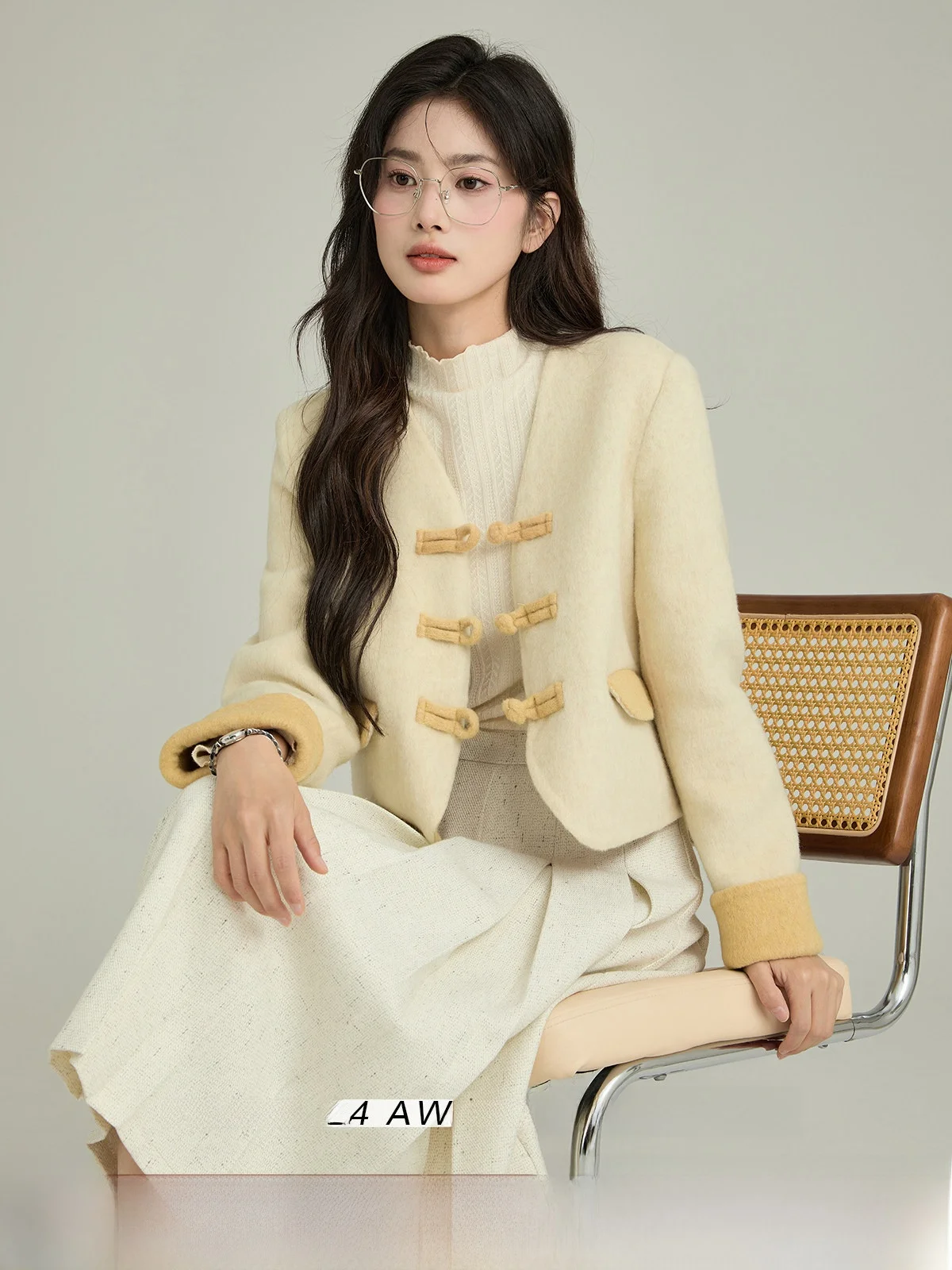 

Double-Faced Camere Woolen Coat ort Sle Apricot Color Women's Winter Outerwear Commute Sle Long Sve V-Ne Coat