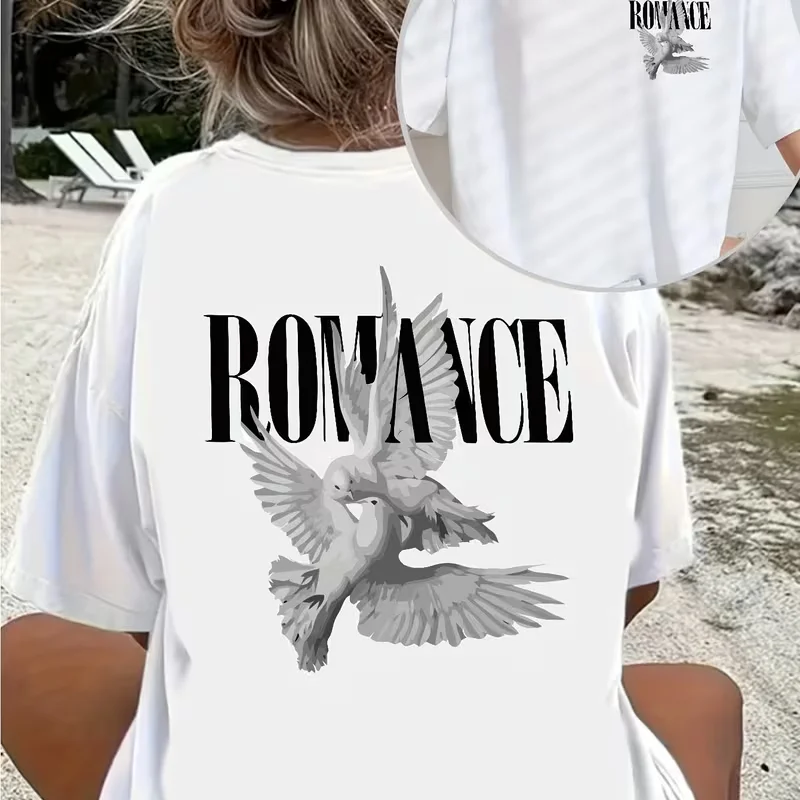 ROMANCE, Dove Print T-shirt Short Sleeve Crew Neck Casual Top for Summer Spring, Women's Clothing Lady's Tops Daily Streetwear