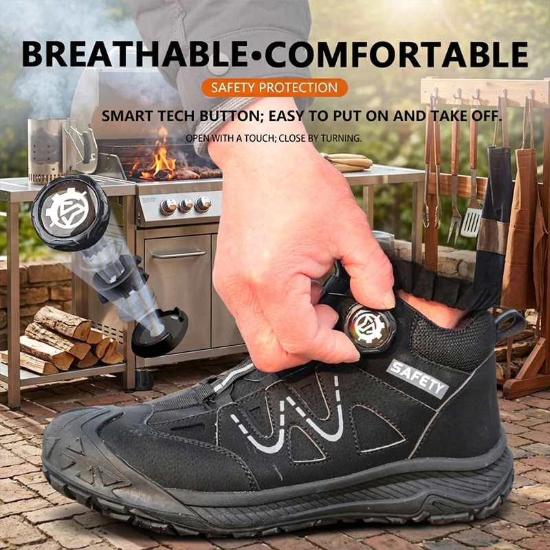 Mid‑Top Rubber Sole Easy‑On Rotary Knob Unisex Safety Shoes Steel Toe Anti‑smash Puncture‑Proof Working Footwear For Wind‑Power