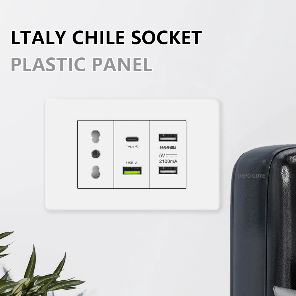 Picture 7: White Italy Chile USB Smart Type-c 20W Fast Charging Wall Power Socket Plastic Chile Schuko Dual USB Outlet Plug TV TEL Computer
