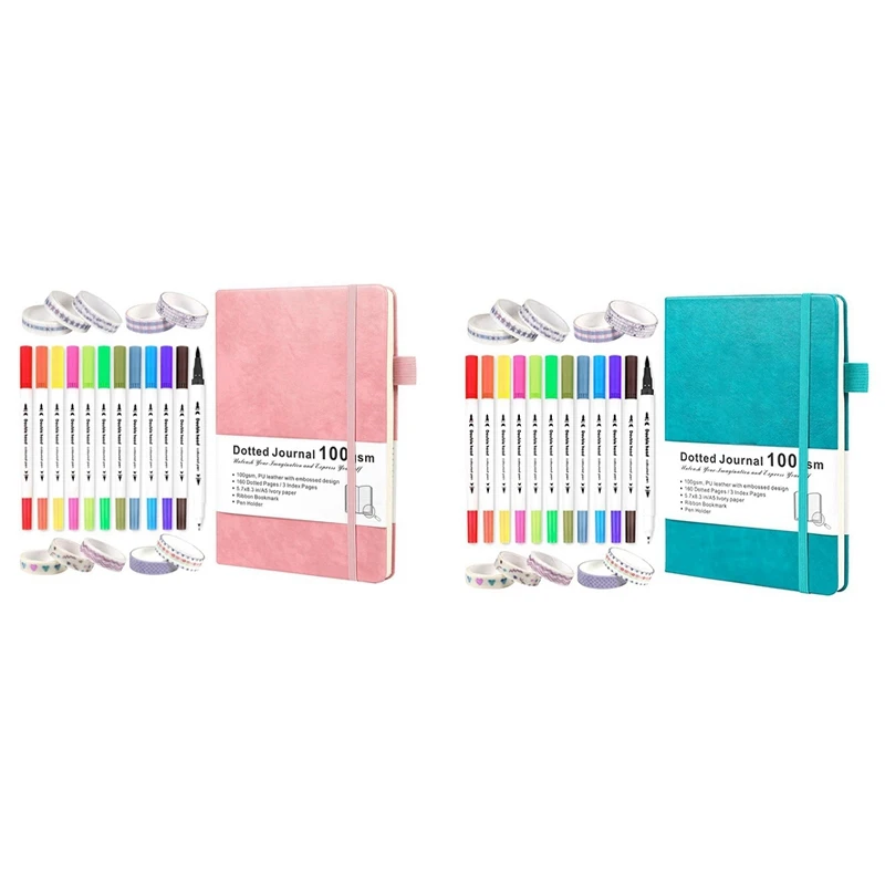 Bullet Dotted Journal Set Tool Dual Tip Brush Markers, Washi Tape And Stencils For Women, Men And Teen, Pink