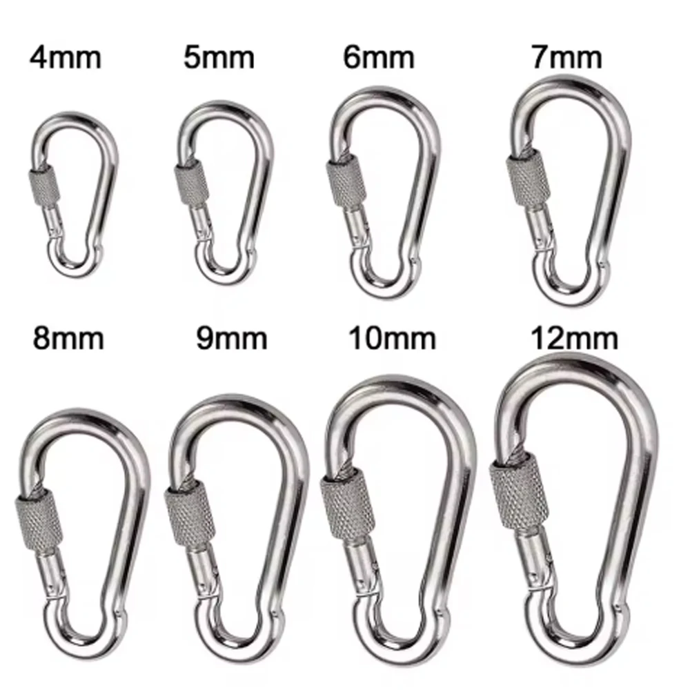 1-2Pcs 304 Stainless Steel M4-M14 With Nut Lock Carabiner Spring Buckle Key Safety Ring Hook Travel Kit Camping Equipment
