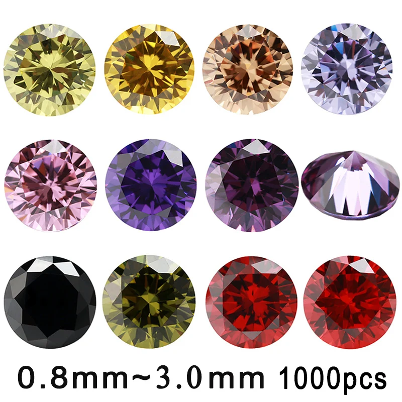 1000pcs Size 0.8mm~3.0mm 5A Round Cut Multi Various Color Cubic Zirconia Stone Loose CZ Synthetic Gems Beads For Jewelry