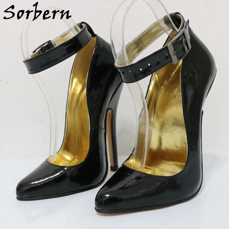 Sorbern รองเท้าส้นสูงสีดำเซ็กซี่สำหรับผู้หญิงรองเท้าส้นเข็มมีสายรัดข้อเท้าหัวแหลมส้นสูงสีทอง