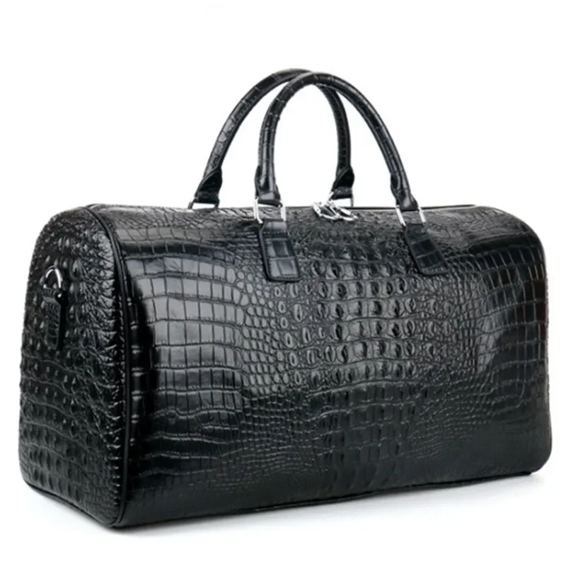 Bolso de viaje de cuero de dos capas para hombre, bolso grande con patrón de cocodrilo para Fitness, equipaje, tambores, bolsos de negocios de hombro, bolso negro