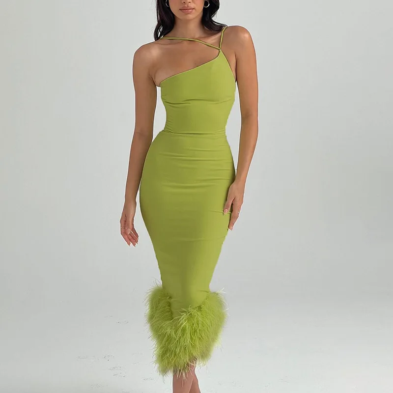 Green Short Cocktail Dresses for Women Feather Stripe Shoulder Mermaid dress Backless Prom Homecoming Gowns Dress Clubwear