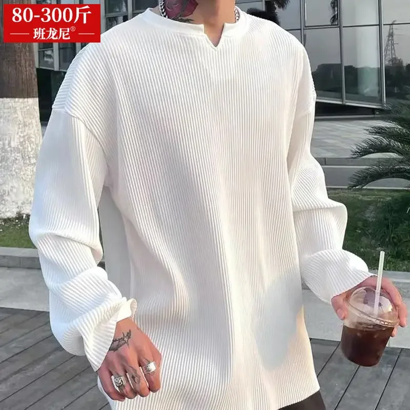 

White V-neck Pleated Stripe T-shirt for Men Large Size Silky Soft Long Sleeved T-shirt Summer Loose No Ironing Bottomed Shirt