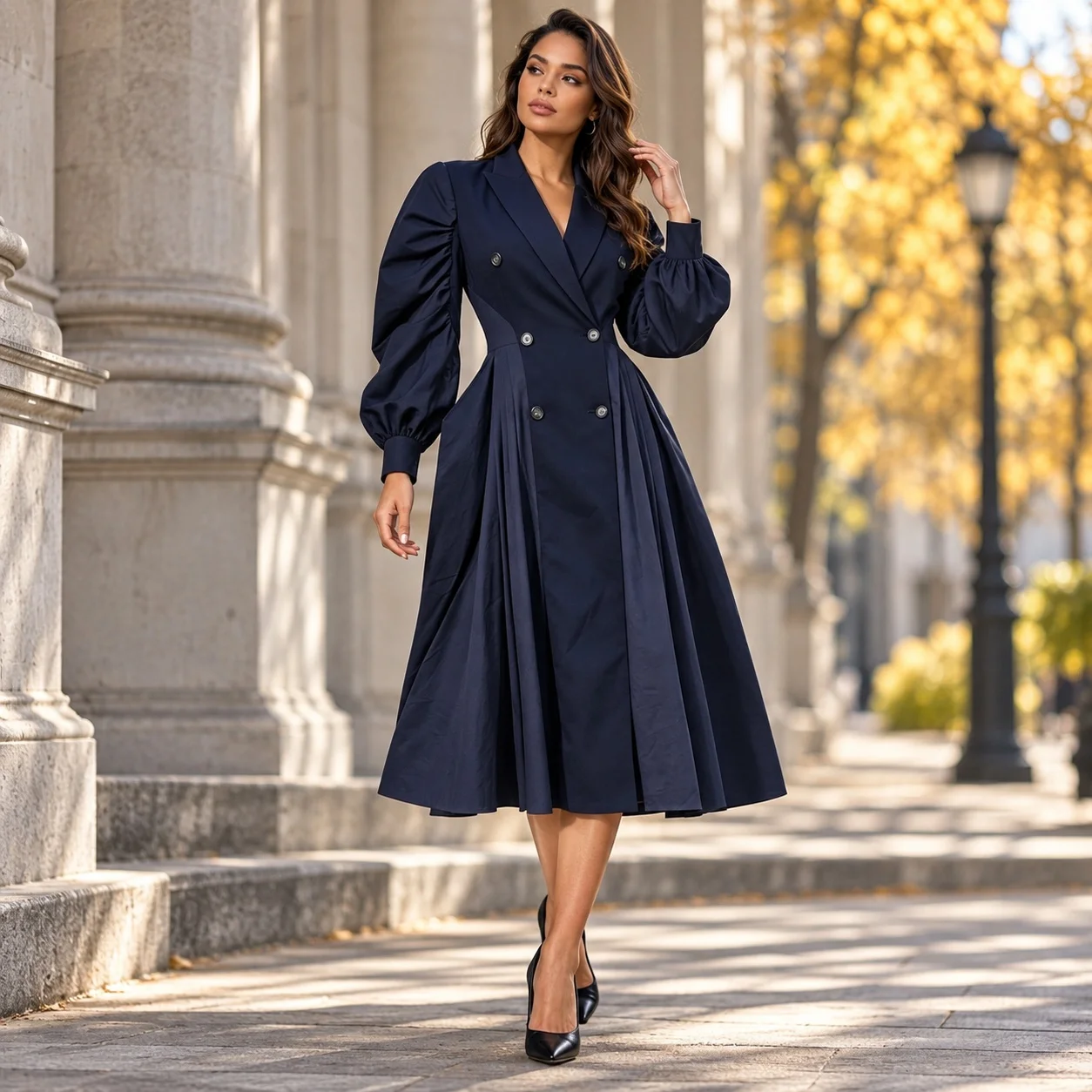Ruffle Patchwork Coat Asymmetrical Cut Mid Length Edgy Street Women Autumn Coat with Double Breasted Medium Weight Long Sleeve