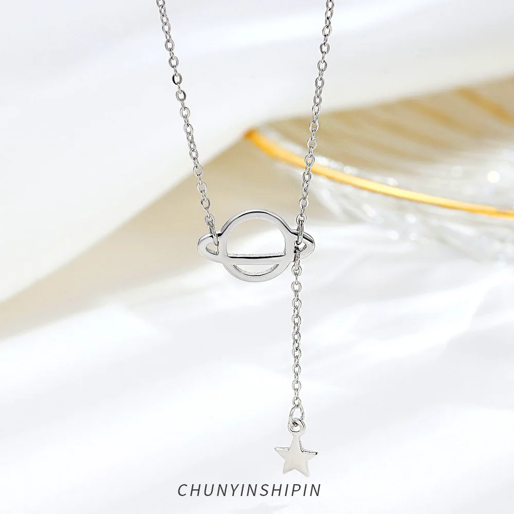 

925 Sterling Silver Lock Collarbone Chain with Universe Planet Pendant and Elegant Tassel for Women