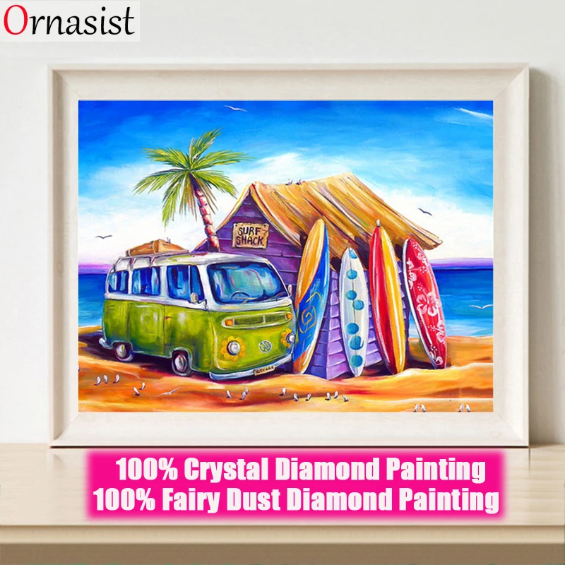 2024 페어리 더스트 다이아몬드 페인팅 하우스, DIY 다이아몬드 자수, 해변 버스 풍경 벽 아트, 라인석 모자이크 장식, 5D 신제품