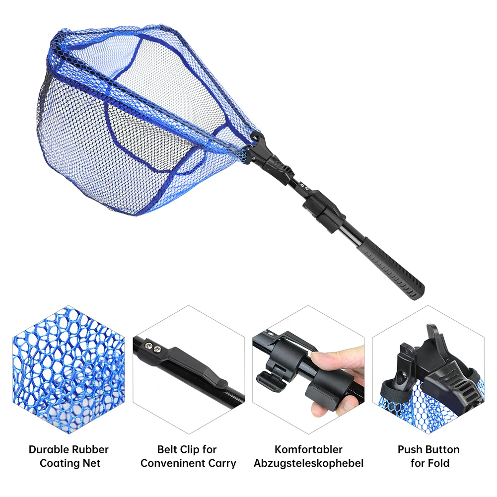 SANLIKE Fishing Net Folding Landing Net with Fibergalss Telescopic Pole Handle Rubber Coated Mesh Fishing Accessories