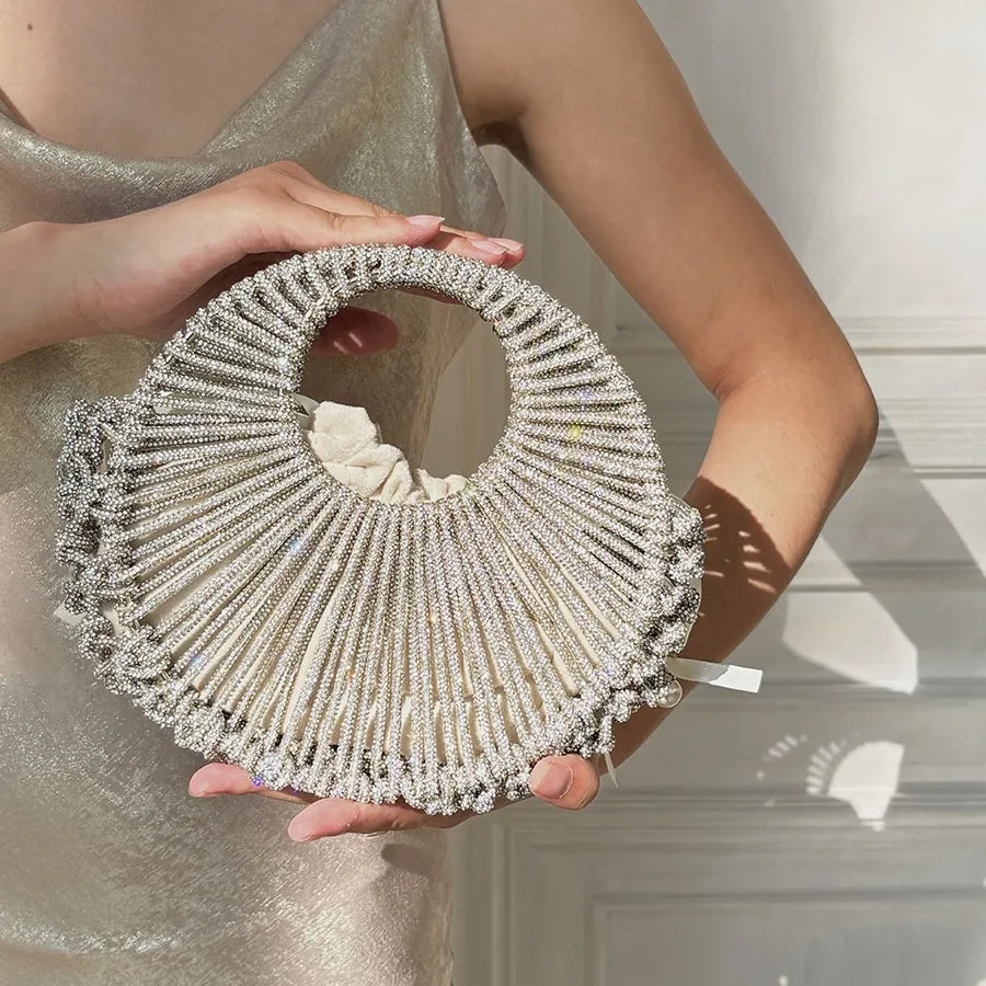 Shiny Broken Diamonds Circular Evening Clutch Bag For Women Fashion Hollow Out Luxury Handmade Handbag Wedding Party Banquet Bag