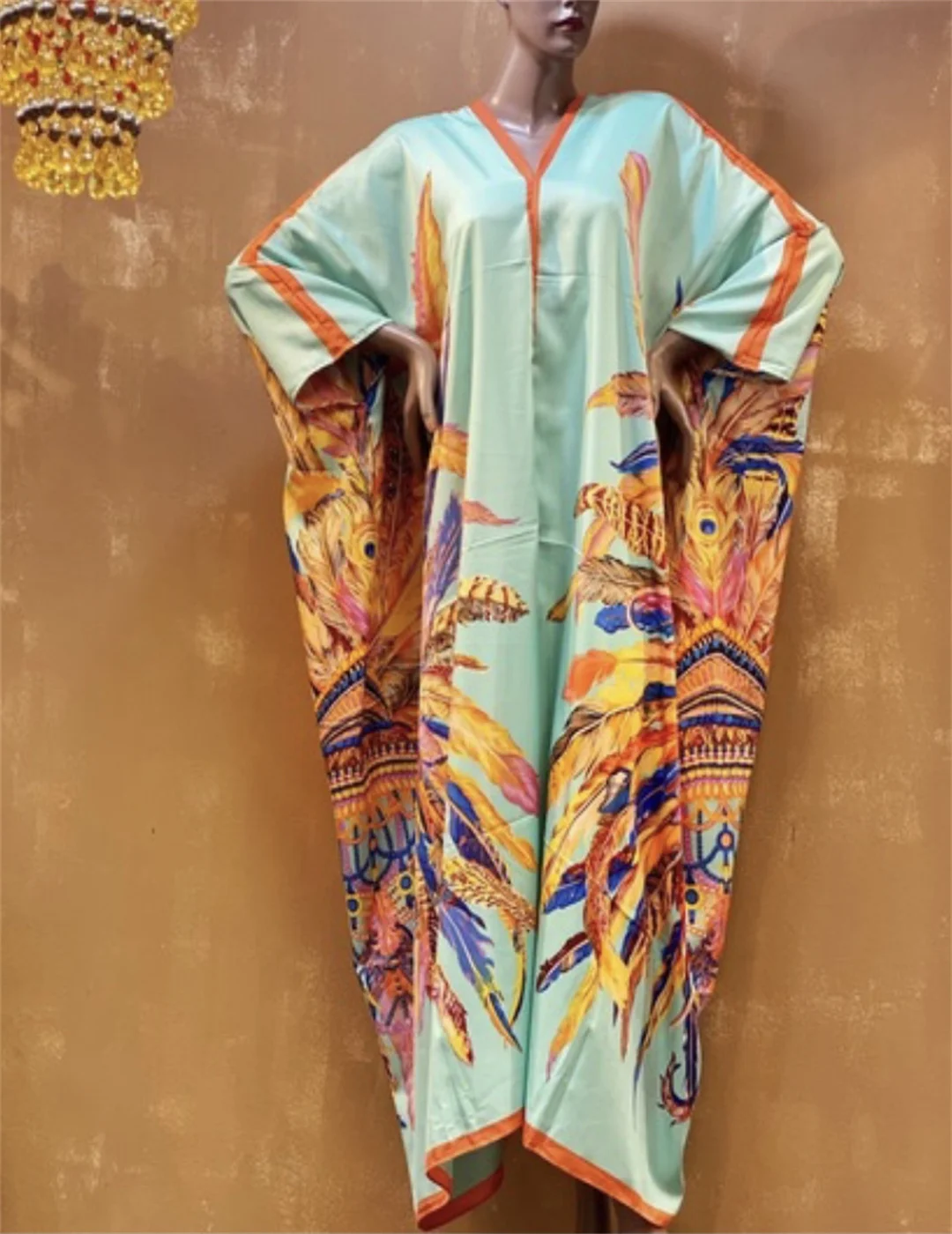 Middle East Fashion Blogger 2023 Summer Boho V-Neck Muslim Lady Batwing Sleeve Silk Printed Kaftan Dress Causal African Designer