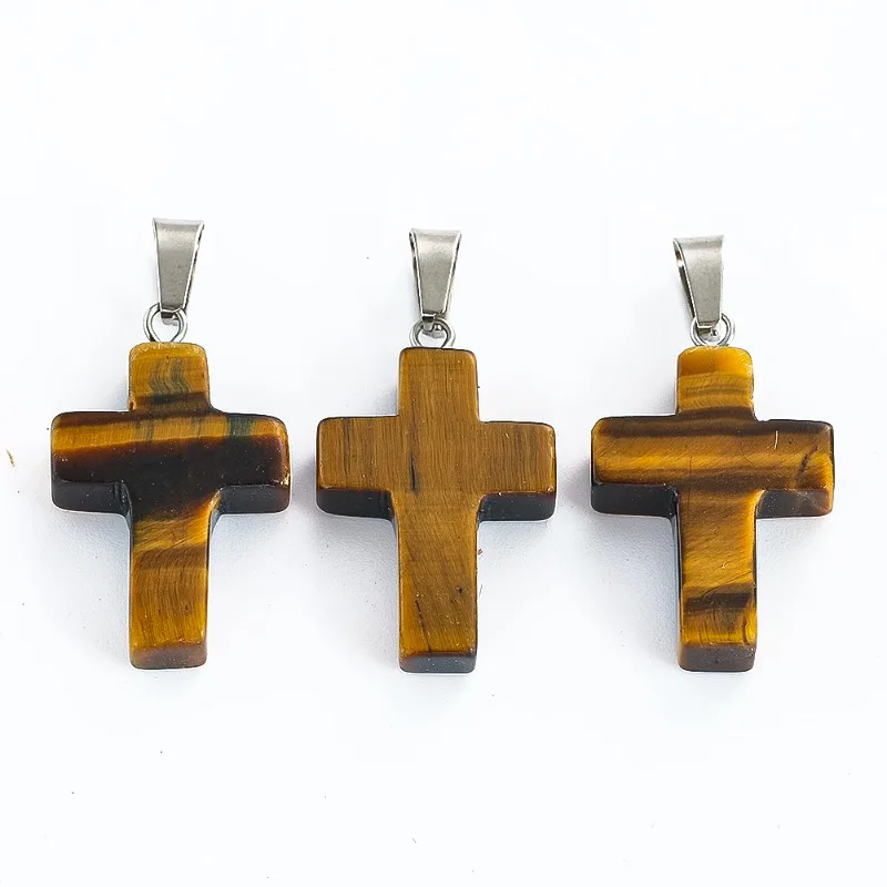 Natural Tiger\'s Eye Quartz Energy Stone Crucifix Cross Necklace Pendant Religion Mascot Amulet Charms Dangle Christening Jewelry