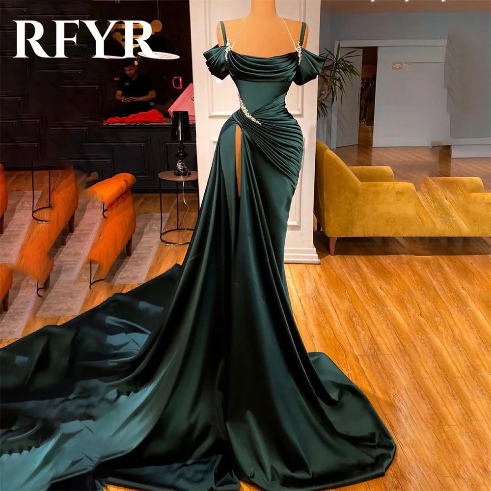 

RFYR Green Prom Dresses Off The Shoulder Mermaid Long Evening Dress O-Neck Sequins Robe De Soirée with Pleats Split Party Dress