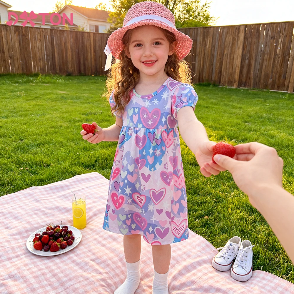 

DXTON Kids Summer Vacation Clothes Baby Girl Shorts Sleeve Dresses Heart Print Princess Girls Dress Children School Casual Dress