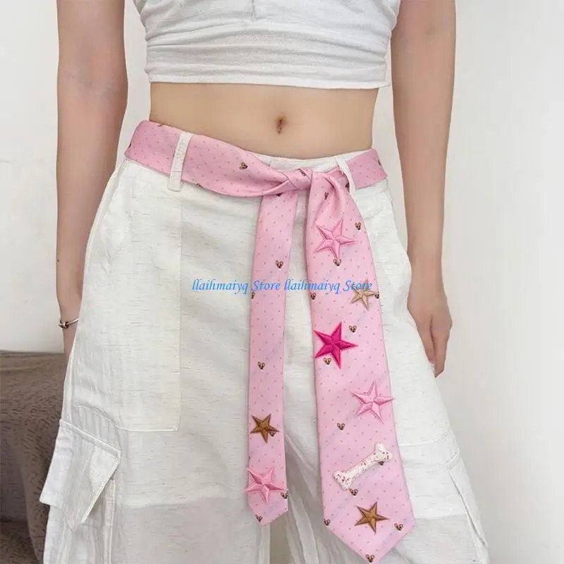 573B Pink Neck Tie Scarf with Star Detail, Decorative Neckwear Statement Accessory for Outfit Photos, Layered Daily Styling, and