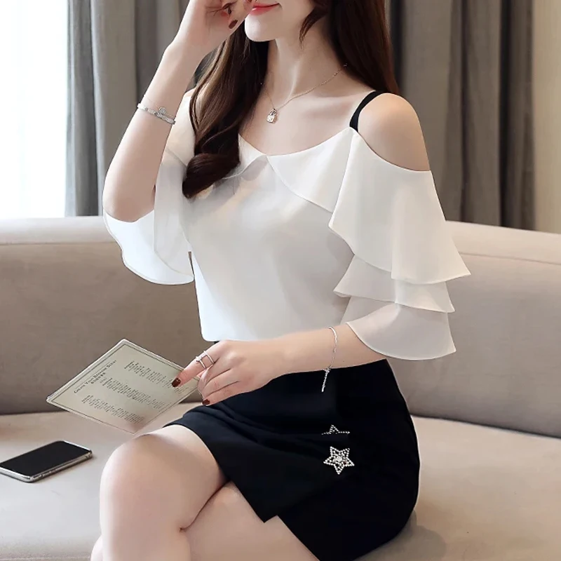 Women Tops and Blouses 2024 Summer Chiffon Shirt Casual Off-shoulder Butterfly Short Sleeve Clothes Blusas Mujer De Moda 3571 50