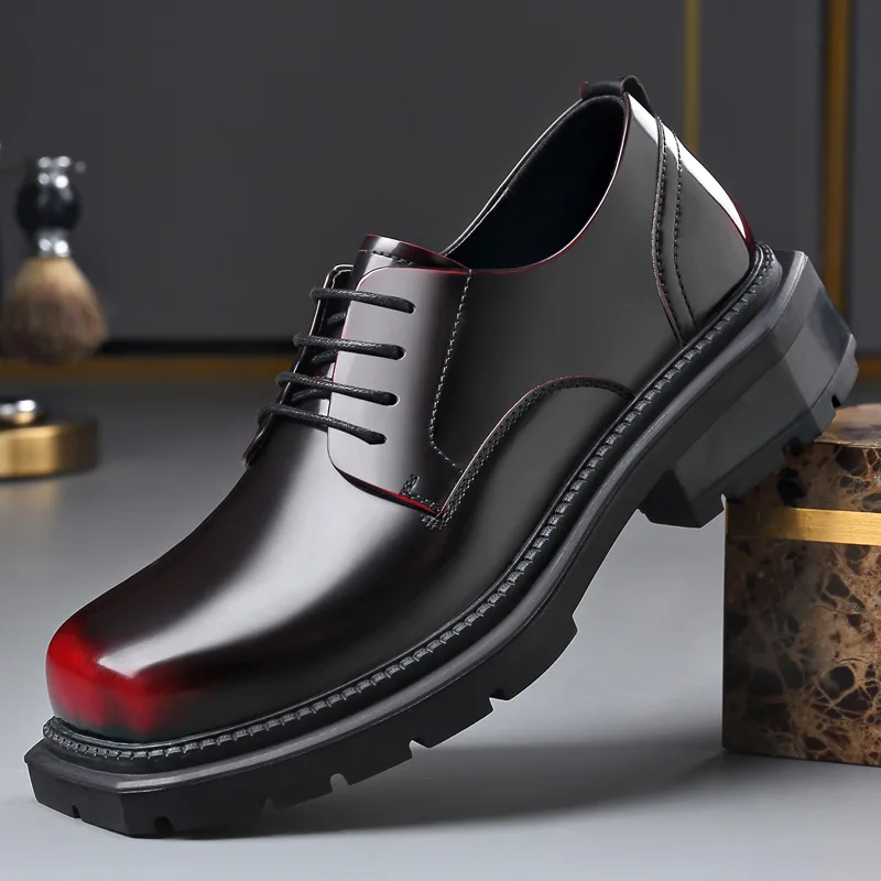 mens casual business wedding original leather shoes lace-up derby shoe red platform sneakers designer square toe trendy footwear