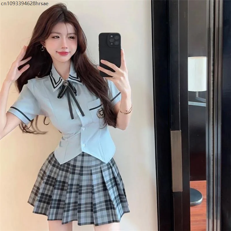 

Japanese Korean Student Short Sleeve Shirts Blue Plaid Pleated Skirt Set Sweet Spicy Girls' Preppy Daily JK Uniform Set 2 Pieces