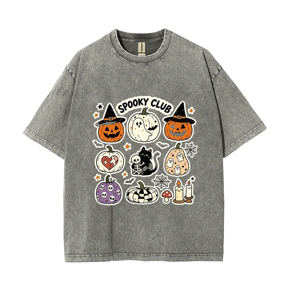 Vintage Washed Spooky Club Halloween Tee Pumpkin Ghost Black Cat Skeleton Graphic Unisex Top Spooky Season Streetwear Daily Wear
