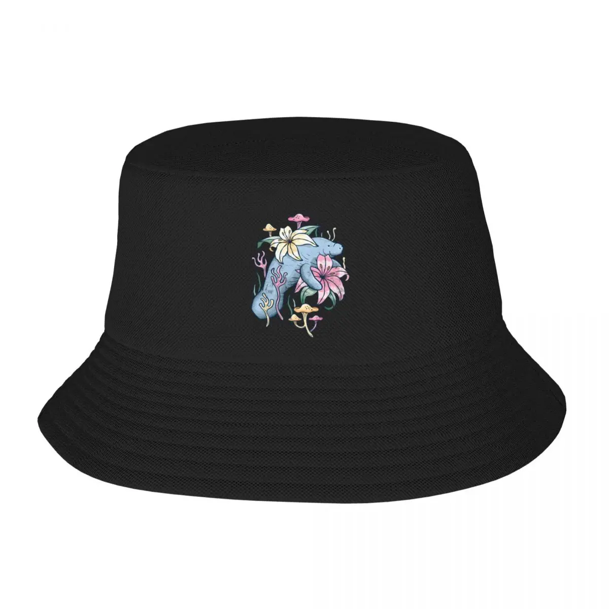 Manatee Explores Floral Lagoon - Rustic Flower Design Bucket Hat Streetwear Icon New Hat Fishing Caps Hat For Men Women's