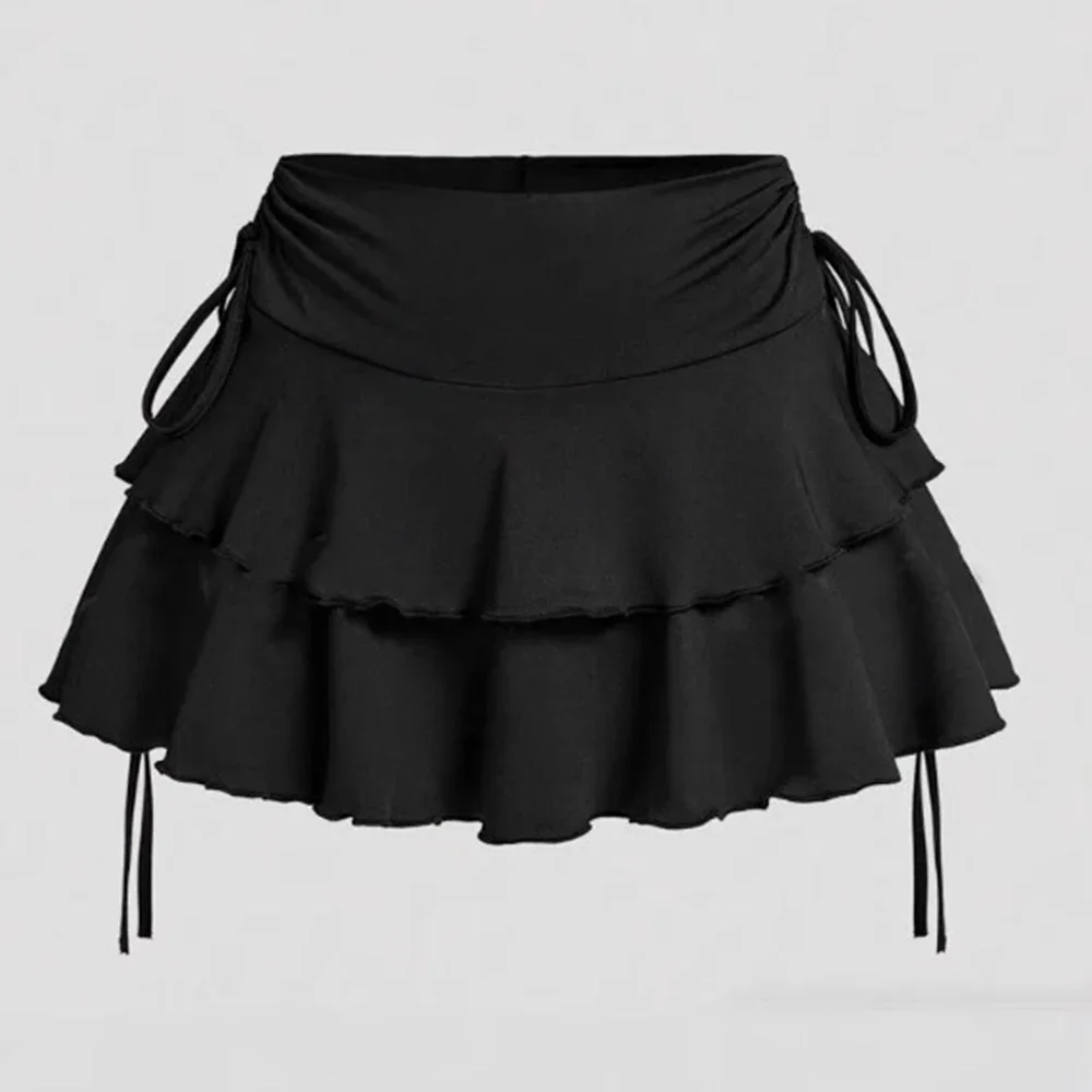 

Летние повседневные юбки K-Fashion с многослойным воланом на шнурке, однотонные мини-юбки трапециевидной формы с натуральной талией для женщин