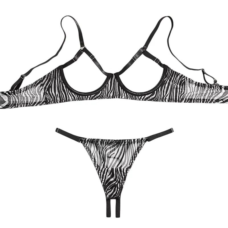 

Sexy Lingerie for Women Zebra Print Lingerie Set Open Cup Bra+Crotchless Panty Set Hollow Erotic Lingerie Transparent Underwear